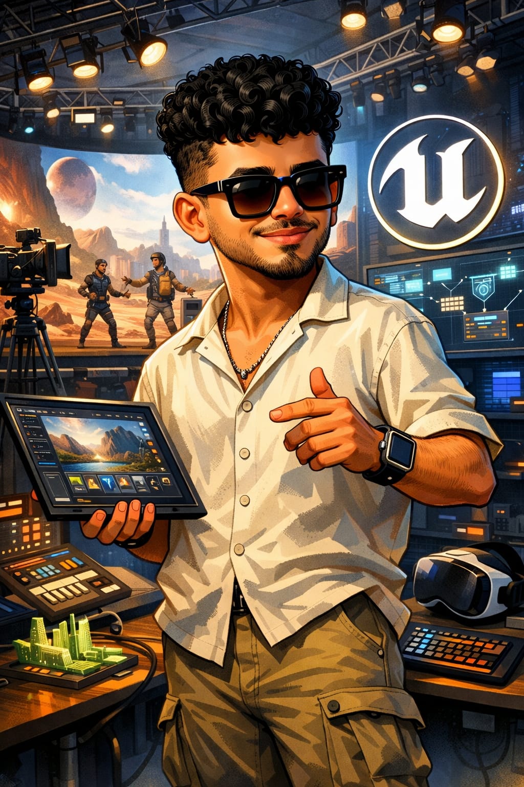 Illustrated portrait of Abdul Raseed in a virtual production studio