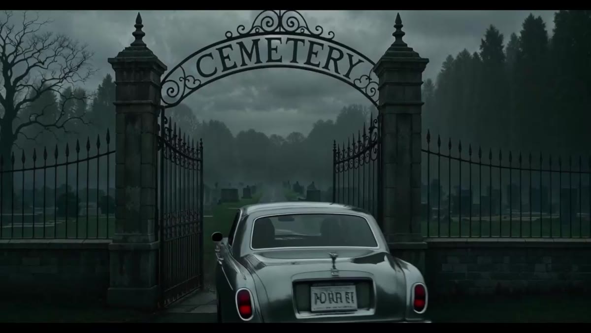 A vintage car at a cemetery entrance in Funeral VP